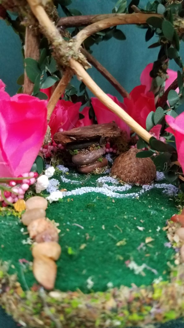 Twig Fairy House - Pink Flowers - Leaf Roof -  Table - Fairy Garden - Fairy Doll Included - 9'' Tall - Hand Made