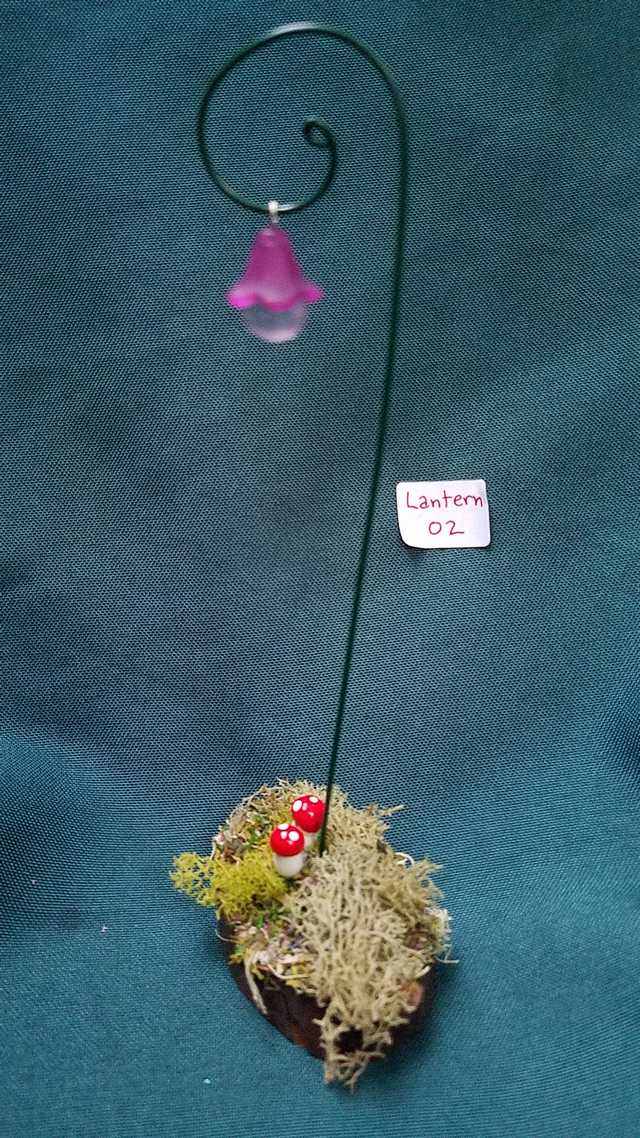 Miniature Lantern - Purple Lamp - Wood Base - Moss - Mushroms - Fairy Garden - Dollhouse - 6 Tall - Hand Made