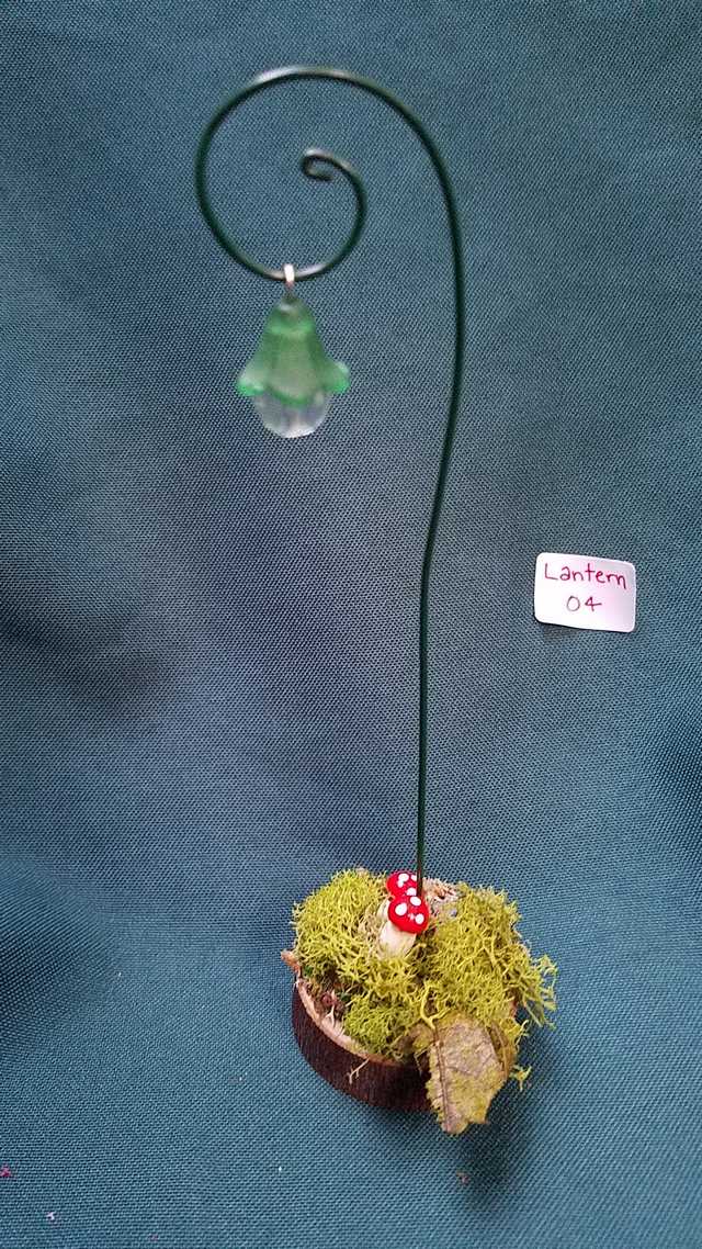 Miniature Lantern - Green Lamp - Wood Base - Moss - Mushrooms - Fairy Garden - Dollhouse - 6 Tall - Hand Made