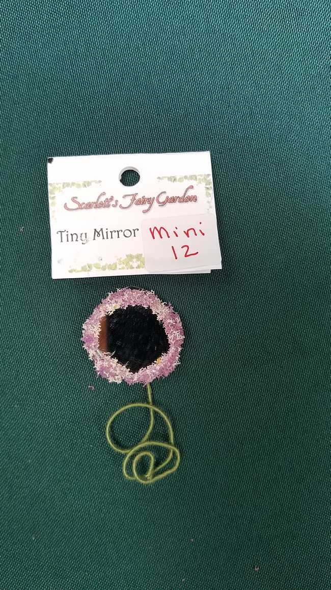 Miniature Round Fairy Mirror - Pink Flowers - Curly Green Handle - Dollhouse - Fairy - Barbie - 2 Tall - Hand Made