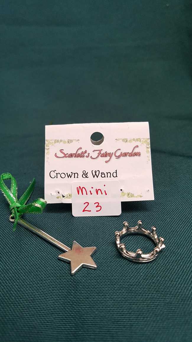 Miniature Silver Fairy Crown with Tiny Silver Wand - Dollhouse - Fairy - 1''