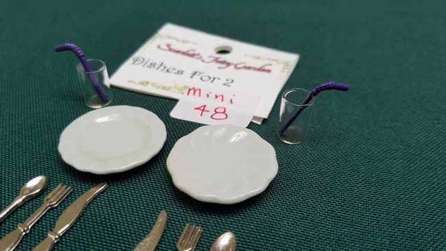 Miniature Dish Set - Porcelain Plates - Cups - Straws - Knives - Forks - Spoons - Dollhouse - Fairy - Barbie12 piece set