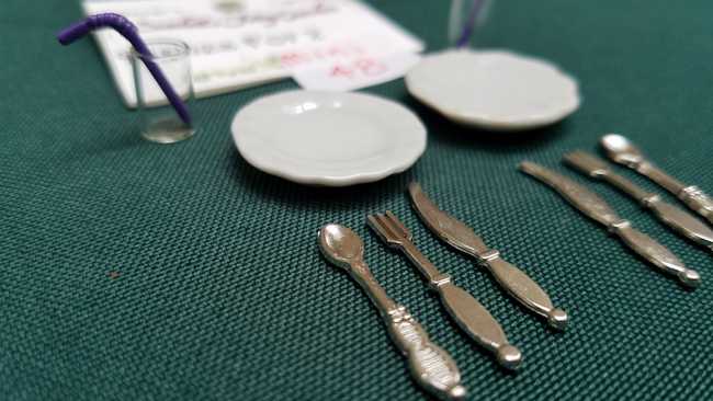 Miniature Dish Set - Porcelain Plates - Cups - Straws - Knives - Forks - Spoons - Dollhouse - Fairy - Barbie12 piece set