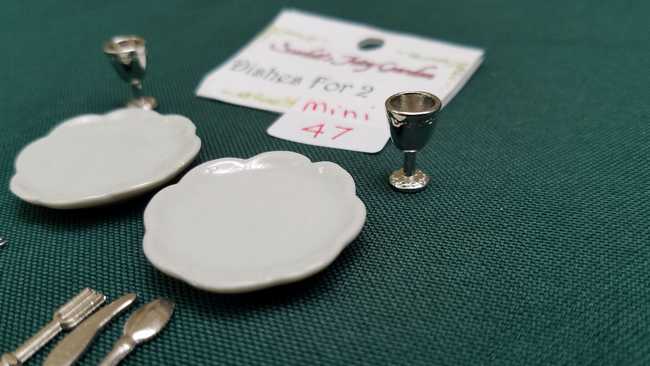 Miniature Porcelain Plates - Pewter Goblets - Knives - Forks - Spoons - Dollhouse - Fairy - Barbie - 10 piece set
