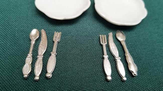 Miniature Porcelain Plates - Pewter Goblets - Knives - Forks - Spoons - Dollhouse - Fairy - Barbie - 10 piece set