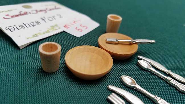 Miniature Wood Plates - Wood Cups - Knives - Forks - Spoons - Dollhouse - Fairy - Barbie - 10 piece set