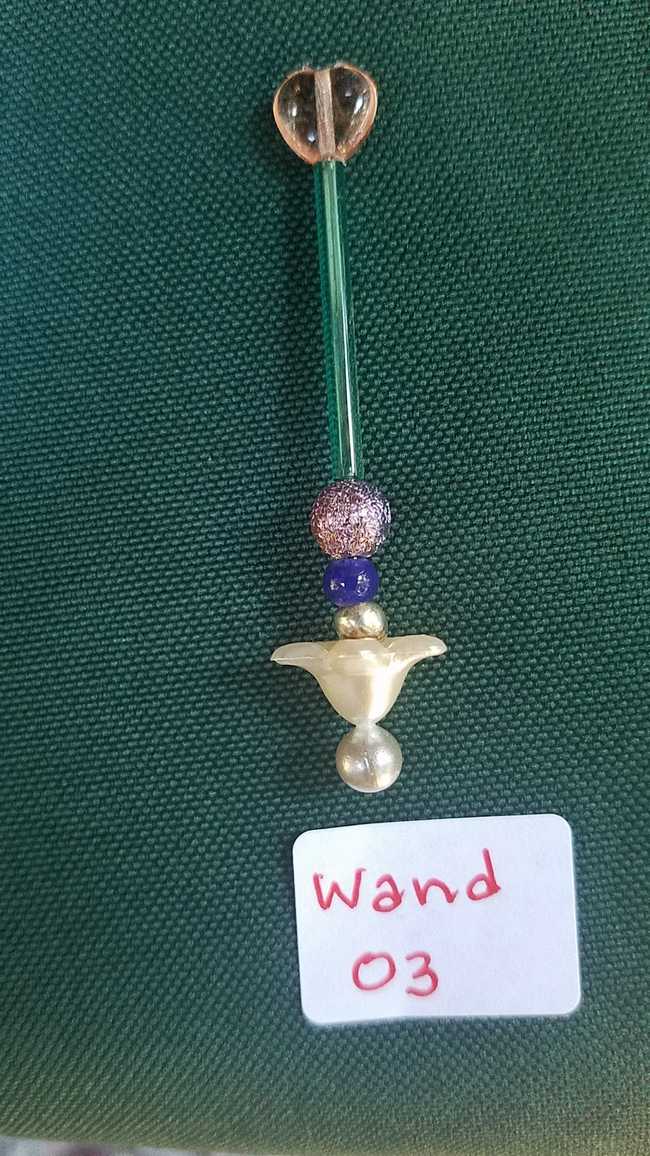 Miniature Fairy Wand  - Dolls - Blue & Silver Beads - Pearls - White Flower - Pink Heart - 2'' - Hand Made