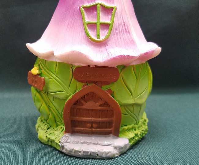 Miniature Resin Fairy House - Green Leaves - Flower Roof - Brown Door - 4'' Tall 