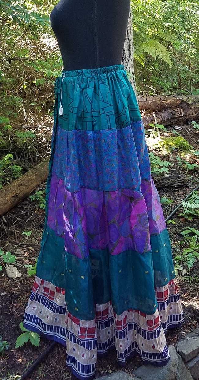 Maxi Skirt -  Purple/Green/Brown - Elastic Waist - 8 Tiers - Indian - Banjara - Tribal - Festival - Silk - One Size