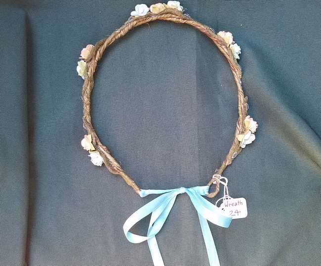 Hair Wreath - Adjustable Size - Fairy - Blue & Peach Flowers - Blue Ribbon - Wedding - Festival - LARP - Hand Made