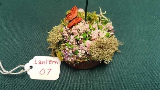 Miniature Lantern - Purple Lamp - Wood Base - Flowers - Butterfly - Fairy Garden - Dollhouse - 6'' Tall - Hand Made