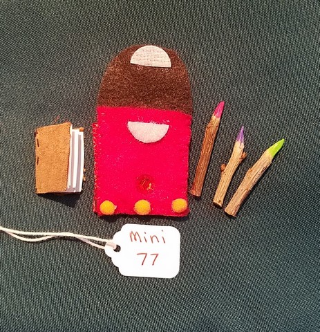 Miniature Fairy Doll Backpack -  Red & Brown - 5 Piece Set - Brown Suede Journal with Pencils- Hand Made