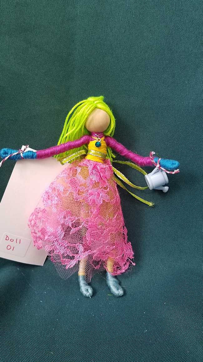 Fairy Doll & Accessories - 11 Piece Set -  Green Hair - Pink Lace Skirt -  6 Tall - Handmade