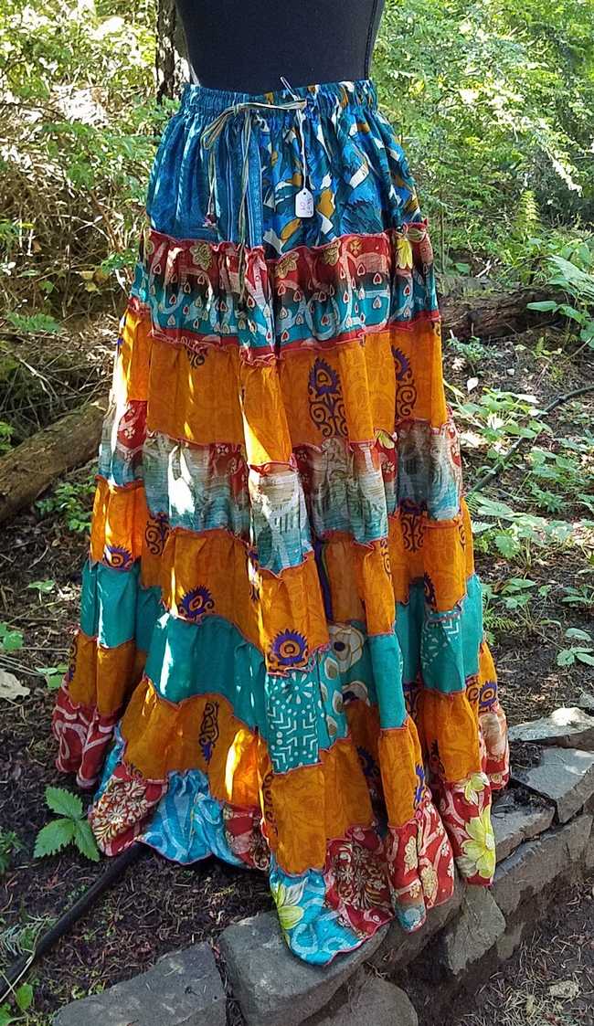 Read more: Maxi Skirt -  Orange/Blue/Turquoise - Elastic Waist - 8 Tiers - Indian - Banjara - Tribal - Festival - Silk - One Size